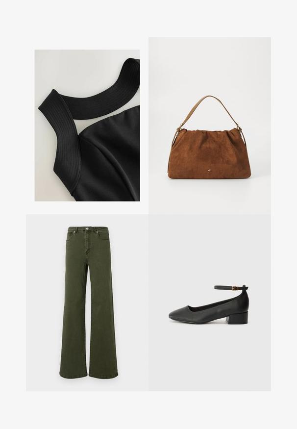 Juodas be rankovių viršus su plačiomis lygiomis juostelėmis ir glotnia audinio tekstūra, turintis kontūruotų siūlių, kad būtų pritaikytas dizainas.; Alkūnės žalios spalvos išsiskiriančios džinsinės kelnes, pagamintos iš medvilnės, su aukštu liemeniu, penkių kišenių dizainu, metaliniu mygtuku ir siuvimo detalėmis palei siūles.; Juodas odinis aukštakulnis batelis su smailiu pirštu ir žemu bloku. Su kulkšnies dirželiu su auksinės spalvos sagtimi. Lygus paviršius.; Ruda zomšos rankinė su susiraukšlėjimu, turinti vieną šviesiai rudos odos rankeną ir subtilų auksinį logotipo detalę priekyje.