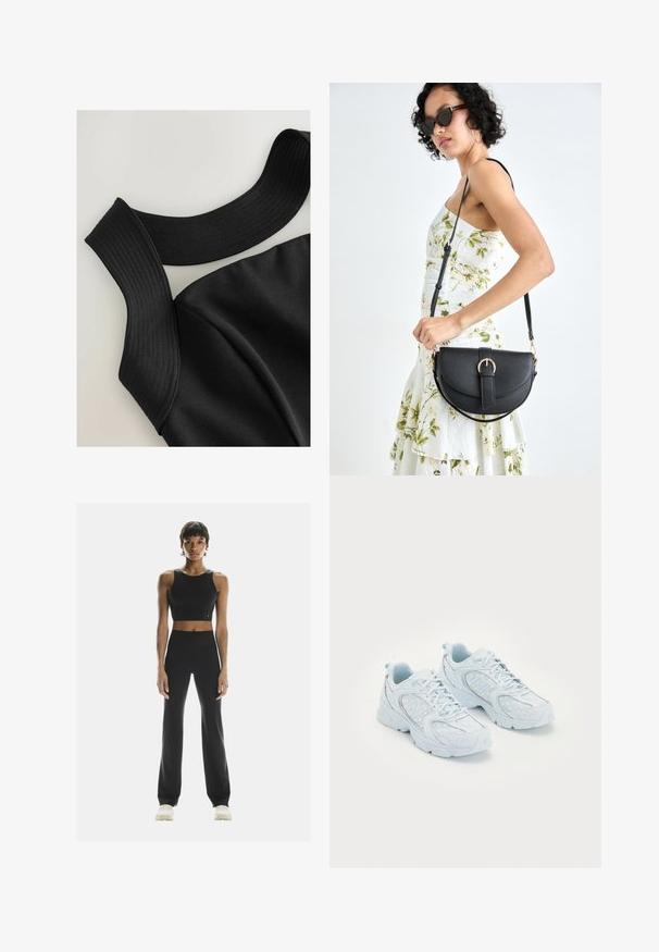 Haut sans manches noir avec de larges bretelles côtelées et une texture de tissu lisse, présentant des coutures contour pour un design ajusté.; On STUDIO - Leggings - black; Basket de sport bleu clair avec une tige en mesh et synthétique, ornée de pois blancs et d'accents réfléchissants, au design à lacets et avec des semelles rembourrées.; Sac à main en cuir noir avec une forme courbée, bandoulière amovible et des accessoires en or. Le sac est doté d'un rabat avec un détail de boucle.