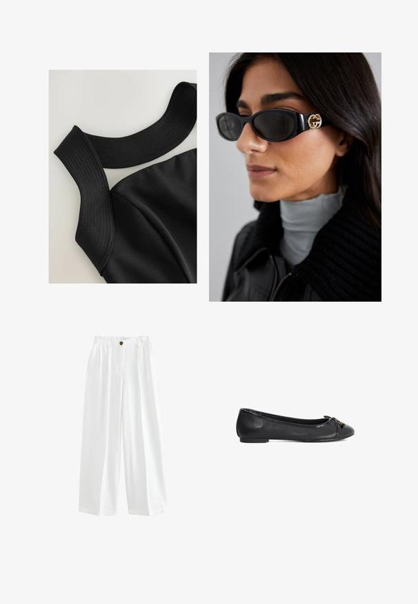 Zwarte mouwloze top met brede ribgebreide banden en een gladde stoftextuur, met afgewerkte naden voor een aansluitend ontwerp.; Witte wijde broek van lichtgewicht stof. Kenmerkt zich door een knoopsluiting, twee zijzakken en een comfortabele pasvorm.; Zwarte leren balletschoenen met een ronde neus, strikdetail en glanzende lakafwerking. Heeft een lage, platte zool voor comfort.; Zwarte zonnebril met een stijlvolle rechthoekige montuur en een gouden logo-accent aan de zijkant. Donkere lenzen en een glanzende afwerking zijn opvallend.; Rabanne Handtas - black/silver; Gouden ring met een parelontwerp, met gelijkmatig verdeelde, ronde kralen met een glanzend, reflecterend oppervlak.