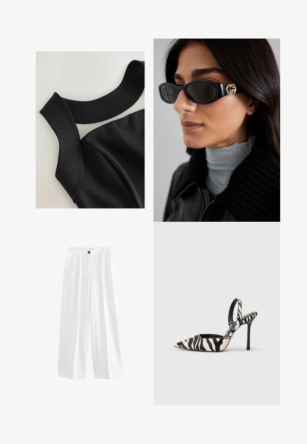 Sort ærmeløs top med brede ribbet stropper og en glat stofstruktur, prydet med konturerede syninger for en tætsiddende pasform.; Hvide loose-fit bukser lavet af letvægtsstof. Har en knaplukning, to sidelommer og en afslappet pasform.; Spids-syntetiske slingback hæle i sort og creme zebra-mønster, med en slank høj hæl og åben bagdesign med en sort inderside.; Sorte solbriller med en strømlinet rektangulær ramme og en guld logoaccent på siden. Mørke linser og blank overflade er fremtrædende.; Sort læder vævet tote taske med en slasket form og bred skulderrem. Har et tekstureret, sammenflettet design med en glat overflade.