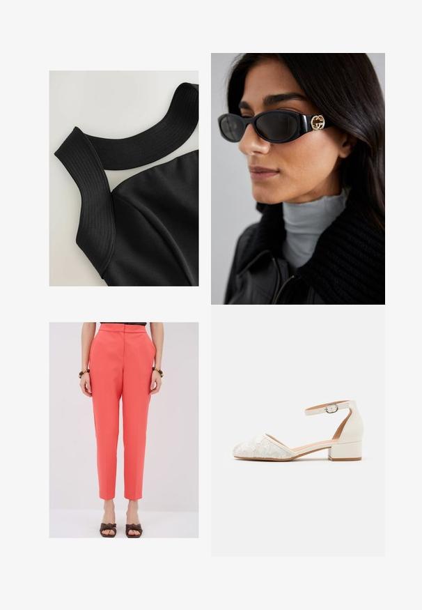 Zwarte mouwloze top met brede ribgebreide banden en een gladde stoftextuur, met afgewerkte naden voor een aansluitend ontwerp.; Koraalkleurige broek met een slim fit, voorzien van zijzakken en scherpe plooien aan de voorkant. Gecombineerd met bruine schoenen.; Witte kanten enkelband schoenen met een lage, chunky hak en een spitse neus. Glad interieur, gestructureerde kanten bovenkant en gespdetail.; Zwarte zonnebril met een stijlvolle rechthoekige montuur en een gouden logo-accent aan de zijkant. Donkere lenzen en een glanzende afwerking zijn opvallend.