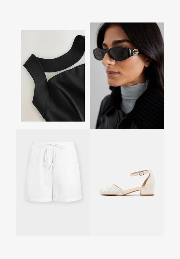 Must mustata särk, millel on laiad soonilised rihmad ja sile kangatekstuur, millel on vormitud õmblused, mis annavad slim-fit disaini.; Valged linased püksid, millel on elastne vöökoht ning paelaga seotud nöör, pakkudes mugavat ja lõdvestunud istuvust. Siledast tekstuurist ja volditud säärtega.; Valge pitsist pahkluusido shoe madala, tükkehaga kontsaga ja terava ninakujulise disainiga. Sile sisu, tekstureeritud pitsist üst ja pandla detail.; Mustad musternuga prillid, millel on ansamblil süsimust ristkülikukujuline raam ja külgedel kuldne logo. Tumeda objektiiviga ja läikiv viimistlus on silmatorkavad.