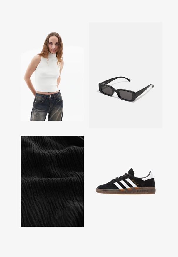 Witte mouwloze ribgebreide coltrui gecombineerd met blauwe denim high-waisted jeans, met voorzakken en een lichte vervaging.; Zwarte gestructureerde stof met een gekreukt oppervlak, met uitgesproken lijnen en variaties in diepte, wat duidt op een zacht materiaal.; Zwarte Adidas sneaker met witte strepen, gouden "Spezial" tekst, gumzool en witte hieltab, weergegeven in zijaanzicht.; Zwarte rechthoekige zonnebril met donkere lenzen, glanzende afwerking, brede pootjes en een robuust frameontwerp. Gegraveerde merknaam op één van de pootjes.