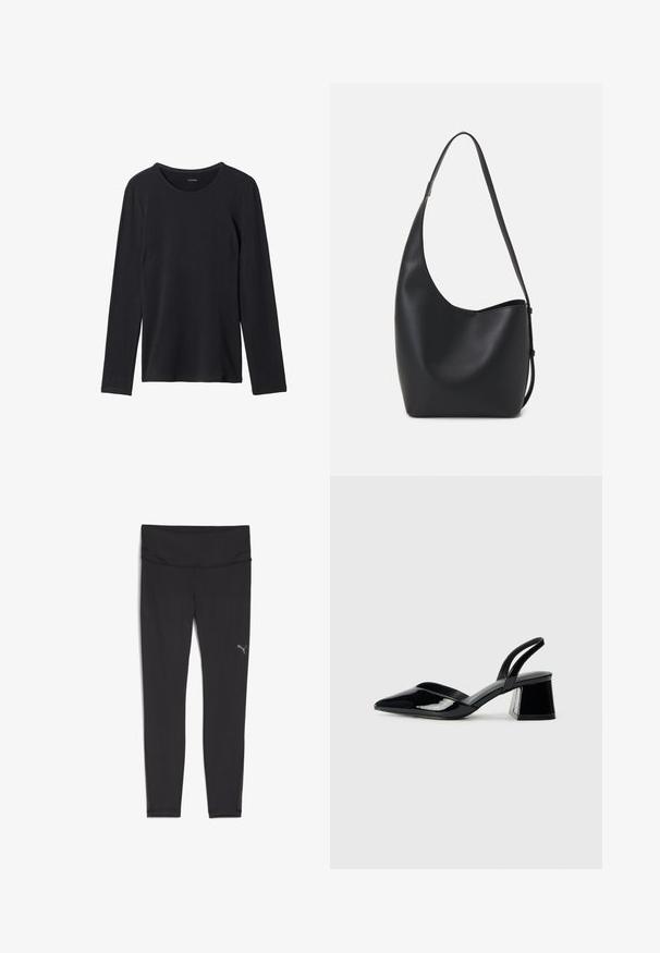 T-shirt nero a maniche lunghe realizzato in tessuto morbido, caratterizzato da un collo rotondo, design semplice e senza motivi o decorazioni visibili.; Leggings sportivi neri con vita alta, realizzati in un tessuto liscio ed elastico. Presentano un piccolo logo riflettente sull'anca sinistra.; Décolleté in vernice nera con punta affusolata e tacco in geometria cubica. Presentano un design elegante e minimalista, con una texture liscia.; Borsa hobo nera in pelle con una superficie liscia, forma curvata e una singola tracolla regolabile; presenta un'ampia apertura nella parte superiore.