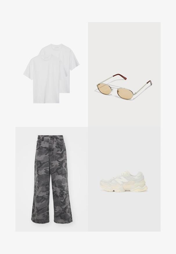Two white cotton T-shirts with short sleeves, crew necklines, and a plain design, featuring minimal stitching detail and no visible logos.; Wide-leg camouflage jeans in shades of gray, made of denim, featuring two side pockets and a high waist design. Textured fabric with a printed pattern.; Lightweight sneaker featuring a mesh and suede upper in soft cream tones, with a chunky sole and three-dimensional accents.; Metal sunglasses with oval, light brown tinted lenses. Slim silver frame with textured accents and reddish-brown tips on the arms.