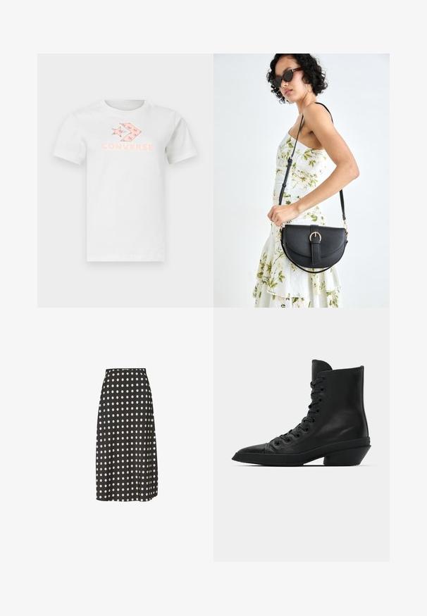 Camiseta de algodón blanca con un logo impreso en rosa y un diseño gráfico en la parte delantera. Mangas cortas y cuello de tripulación clásico.; Falda midi negra con lunares blancos, hecha de una tela suave. Presenta una cintura ajustada y una ligera abertura lateral para facilitar el movimiento.; Botas de cuero negras hasta el tobillo con punta afilada, parte delantera plana con cordones y un diseño de tacón cuadrado único. Textura suave y estilo minimalista.; Bolso de piel negra con forma curva, correa desmontable y herrajes dorados. El bolso cuenta con una solapa con un detalle de hebilla.