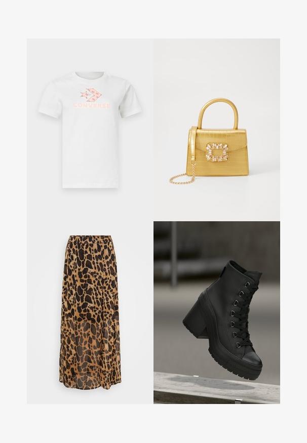 Weißes Baumwoll-T-Shirt mit pinkem Logo und grafischem Design auf der Vorderseite. Kurze Ärmel und klassischer Rundhalsausschnitt.; Maxirock mit Leopardenmuster in Braun- und Schwarztönen, aus leichtem Stoff mit fließendem Design und elastischem Bund.; Schwarze hohe Plateau-Stiefel mit einer strukturierten Lederoberfläche, vorderer Schnürung und klobigem Absatz. Verfügt über eine Gummisohle mit ausgeprägtem Profil.; Gelbe Kunstleder-Handtasche im Krokodil-Look mit strukturiertem Design, Obergriff, abnehmbarem Kettenriemen und dekorativer Kristallverzierung am Verschluss.