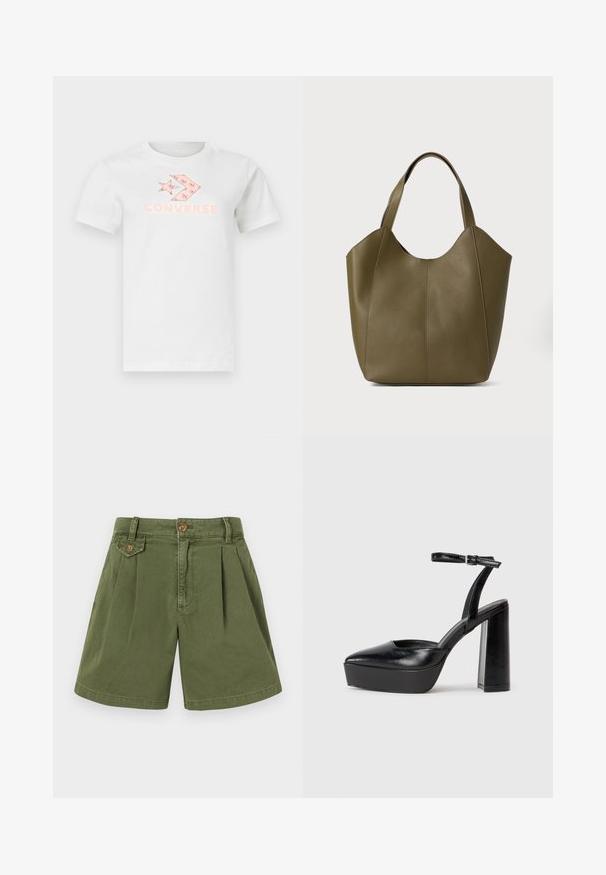 T-shirt branca de algodão com um logotipo impresso em rosa e design gráfico na frente. Mangas curtas e um decote redondo clássico.; Calças curtas caqui, feitas de algodão, com um design pregueado, um botão na cintura e bolsos laterais. Textura suave e corte de perna reta.; Saltos altos pretos com bico fino e atilho ajustável no tornozelo. Confeccionados em couro suave, apresentam um salto bloco robusto.; Bolsa tote em pele verde oliva com alças duplas, textura suave e design em quatro painéis. Costura reforçada nas costuras para maior durabilidade.