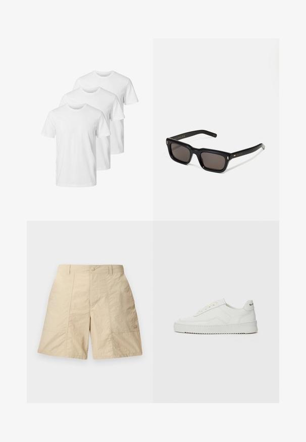 Valkoiset puuvillateepaidat, joissa on pyöreä kaula-aukko, lyhyet hihatat ja normaali istuvuus. Kolme paitaa on aseteltu riviin.; Beige shorts dengan finishing tekstur, dilengkapi dengan penutupan tombol di depan, dua saku samping, dan logo kecil di sisi kanan bawah.; Valkoinen nahkakenkä, jossa on sileä pinta, pyöreä kärki, tasaiset nauhat ja teksturoitu pohja. Sisältää huomaamattoman logon kantapäässä.; Mustat suorakulmaiset aurinkolasit tummilla linsseillä, paksu muovikehys, kultaiset korostukset temppeleissä ja brändin logo kaiverrettuna varteen.