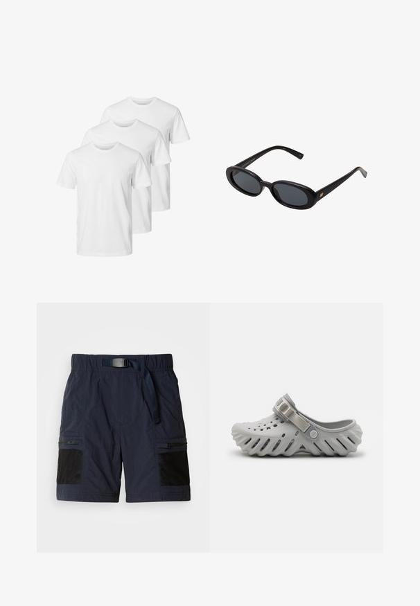 Biele bavlnené tričká s klasickým okrúhlym výstrihom, s krátkymi rukávmi a štandardným strihom. Tri tričká sú usporiadané v rade.; Námornícky modré šortky s textúrovaným povrchom, elastický pás s opaskom, bočné zipsy a čierne sieťové akcenty na vreckách. Ľahký dizajn.; Svetlošedé nazúvacie klobúky vyrobené z mäkkého materiálu s ventilačnými otvormi, rebrovanou podrážkou a béžovým nastaviteľným popruhom pre zabezpečené nosenie.; Čierne oversized slnečné okuliare s oválnymi šošovkami, hladkým plastovým rámom a zlatými akcentmi na straniciach. Tmavé šošovky poskytujú ochranu pred slnkom.