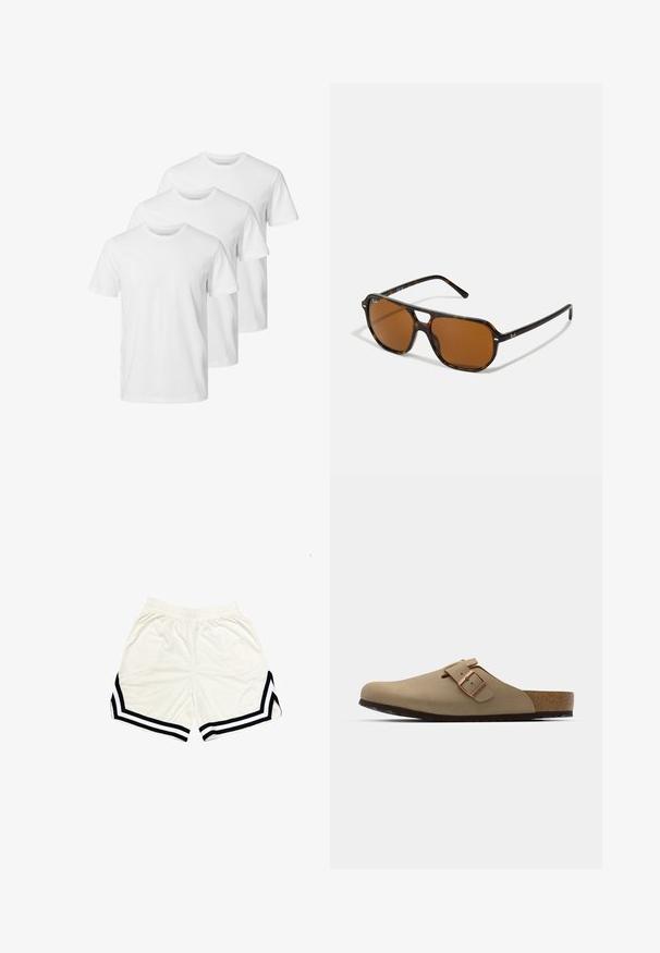 Hvide bomulds-T-shirts i en rundhalsedesign med korte ærmer og standard pasform. Tre skjorter er arrangeret i en række.; Hvide atletiske shorts lavet af letvægtsstof, med sorte sideliner og et kontrasterende chevronmønster nær sømmen. Elastisk talje.; Beige klipklapper med rund tå, justerbar spænde og korksål. Tekstureret overflade med en sort gummisål for godt greb.; Skildpadde-solbriller med brune linser, rektangulær form og metal-accenter på stellet. Slankt design med tynde stænger.