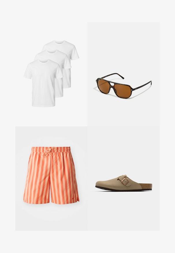 Hvide bomulds-T-shirts i en rundhalsedesign med korte ærmer og standard pasform. Tre skjorter er arrangeret i en række.; Orange og lys ferskenfarvede svømmetights med elastisk talje, justerbar snøre og en lille logo-detalje på forsiden.; Beige klipklapper med rund tå, justerbar spænde og korksål. Tekstureret overflade med en sort gummisål for godt greb.; Skildpadde-solbriller med brune linser, rektangulær form og metal-accenter på stellet. Slankt design med tynde stænger.