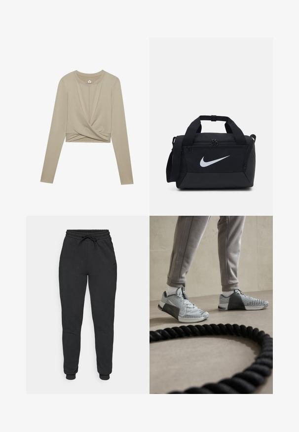 Svetlo bež dolg rokav, kratek top z zasukano sprednjo zasnovo, izdelan iz gladkega materiala. Ima okroglo ovratnico in prilegajoče rokave.; Črne trenirke iz mehkega bombažnega materiala, z elastičnim pasom in vrvico, z manšetami na gležnjih in diskretnim stranskim logotipom.; Sive in bele Nike teniske z usnjem z mrežasto zgornjo plastjo, gumijastim podplatom in bočno podporo. Postavljene blizu črne telovadne vrvi.; Črn torba na ramo iz gladkega blaga, z dvema zadrgama, oblazinjenimi ročaji in velikim belim logotipom Nike na sprednji strani.