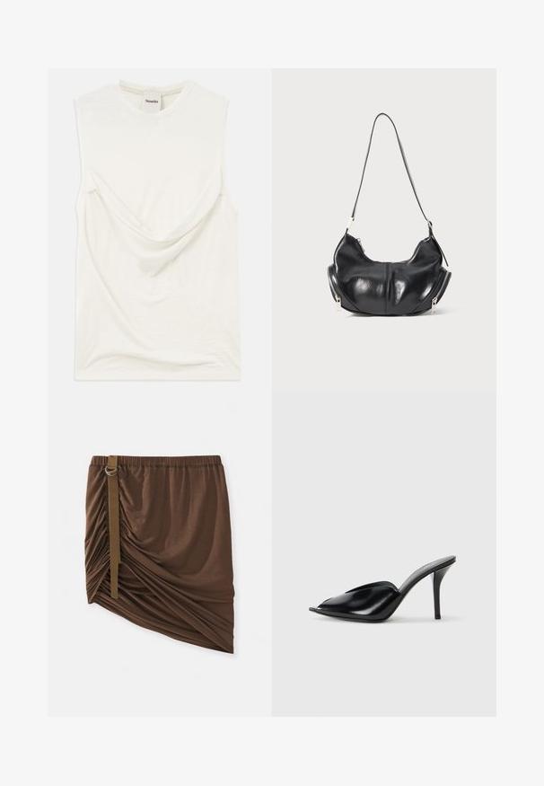 Haut sans manches blanc avec un détail drapé à l'avant, fabriqué en tissu doux et léger. Présente un col rond et une coupe décontractée.; Jupe marron à mi-mollet en tissu doux et léger ; elle présente des détails froncés et une sangle latérale avec un accent en anneau métallique.; Mules à talons hauts en cuir noir, avec un design à bout ouvert, pointu, texture lisse et un fin talon aiguille.; Sac à épaule en cuir noir en forme de croissant avec des fermetures éclair argentées de chaque côté et une seule bandoulière.
