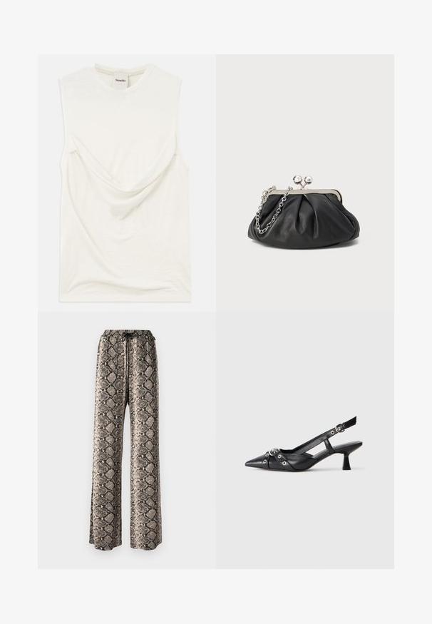 Bijela bezrukava majica s draperijom sprijeda, izrađena od mekog i laganog materijala. Ima okrugli izrez i opušteni kroj.; Hlače širokih nogavica u uzorku zmijske kože, s pojasom na pertlanje, izrađene od lagane tkanine u bež, crnoj i smeđoj boji.; Crne kožne cipele s remenom oko pete, s izduženim vrhom, dekorativnim trakama s metalnim rupama i niskom blok petom. Teksturirana površina.; Crna kožna torbica s naboranom teksturom, okvirom od srebrnog metala, zatvaranjem na preklop s poljupcem i lancem za nošenje. Glatka, meka površina.