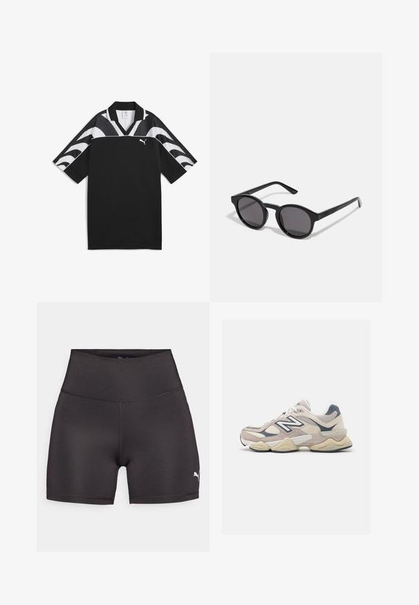 Juoda sportinė marškinė su V formos iškirpte, trumpomis rankovėmis ir baltomis bangų raštais viršutinėje dalyje. Priekyje yra mažas baltas logotipas.; Juodi sportiniai šortai, pagaminti iš lygaus, tampraus audinio. Aukšta juosmens konstrukcija su plokščiomis siūlėmis ir mažą baltą Puma logotipą šone.; Šviesiai rožiniai ir smėlio spalvos sportbačiai su tinklelio ir zomšos medžiagomis. Yra baltas logotipas, tekstūruoti paviršiai ir paminkštinta pada. Suapvalinta forma.; Juodos saulės akiniai su apvaliu, šiek tiek banguotu rėmeliu, tamsiais objektyvais ir tiesiomis juodomis kočelėmis. Lygus, blizgus paviršius be matomų raštų.