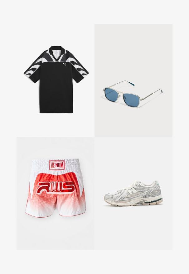 Melns sporta krekls ar V veida kakla izgriezumu, īsām piedurknēm un baltām viļņu līnijām augšējā daļā. Priekšpusē ir neliels balts logo.; Sarkani un balti gradiēntu Muay Thai šorti ar sarkanu "VENUM" etiķeti jostasvieta un lielu spīdīgu sarkanu "RWS" logotipu muguras centrā.; Skriešanas apaviem ir sudraba un baltas krāsas acu materiāls ar zaļu akcentu. Zole ir masīva un teksturēta, izstrādāta, lai nodrošinātu amortizāciju un atbalstu.; Saulesbrilles ar sudraba metāla rāmi, taisnstūra zilu stiklu un plānām kājām. Uz tempļa galiem ir zili akcenti.