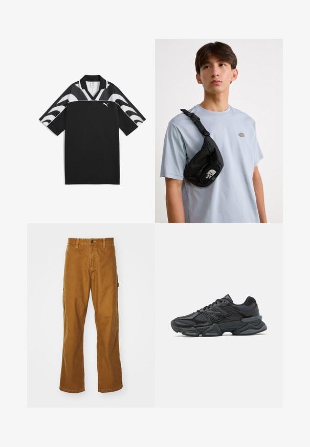 Schwarzes Sporttrikot mit V-Ausschnitt, kurzen Ärmeln und weißen Wellenmustern im oberen Bereich. Verfügt über ein kleines weißes Logo auf der Vorderseite.; Braune Baumwoll-Cargohosen mit geradem Bein-Design, vorderem Knopfverschluss und Seitentaschen. Glatte Textur und langlebiges Material.; Schwarzer Laufschuh mit einer Mischung aus Mesh- und sinthetischen Materialien, dicke Sohle, geschwungenes Design und auffälliger Markenkennzeichnung an der Seite.; Schwarze Nylon-Crossbody-Tasche mit verstellbarem Riemen, die ein auffälliges weißes Logo trägt. Wird über einem hellblauen T-Shirt getragen. Schlichtes, funktionales Design.