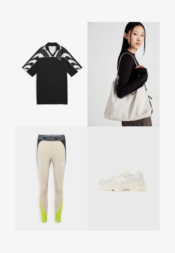 Maglietta sportiva nera con design a V, maniche corte e motivi a onda bianchi nella parte superiore. Presenta un piccolo logo bianco sul davanti.; Leggings beige con una vita nera, caratterizzati da accenti verdi e dettagli in piping bianco. Realizzati in materiale elasticizzato per il massimo comfort.; Sneaker leggera con tomaia in rete e camoscio in morbide tonalità crema, dotata di una suola spessa e di accenti tridimensionali.; Borsa a mano beige realizzata in materiale morbido, caratterizzata da un design morbido, dettagli cuciti e due manici. Adatta per l'uso quotidiano.