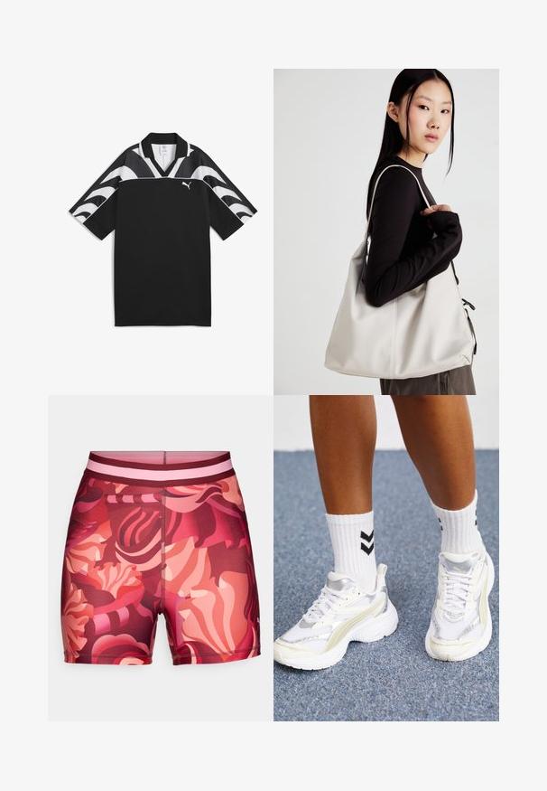 Maglietta sportiva nera con design a V, maniche corte e motivi a onda bianchi nella parte superiore. Presenta un piccolo logo bianco sul davanti.; Costumi da bagno a fantasia floreale in tonalità di rosso e rosa, con un design misto, cintura morbida e cuciture piatte per il massimo comfort.; Sneaker bianche con dettagli argento, materiale in rete e design chunky. Abbinate a calzini bianchi con motivi a chevron neri.; Borsa a mano beige realizzata in materiale morbido, caratterizzata da un design morbido, dettagli cuciti e due manici. Adatta per l'uso quotidiano.