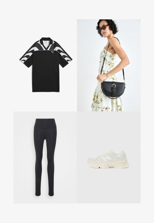 Zwart sportshirt met een V-halsontwerp, korte mouwen en witte golfpatronen op het bovenste deel. Bevat een klein wit logo aan de voorkant.; Zwarte leggings van rekbaar materiaal met een hoge tailleband, met een gladde textuur en een aansluitend ontwerp. Geen patronen of hardware zichtbaar.; Lichte sneaker met een bovenwerk van mesh en suede in zachte crèmekleuren, met een chunky zool en driedimensionale accenten.; Zwarte leren handtas met een gebogen vorm, afneembare schouderband en gouden hardware. De tas heeft een klep met een gespsluiting.