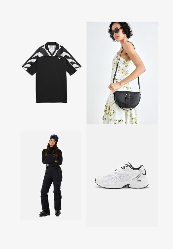 Zwart sportshirt met een V-halsontwerp, korte mouwen en witte golfpatronen op het bovenste deel. Bevat een klein wit logo aan de voorkant.; Zwarte skibroeken met verstelbare banden, meerdere zakken en een slank, waterafstotend ontwerp. Heeft een getailleerde snit en duurzame stof.; Witte sportieve sneakers met een bovenwerk van mesh, zwarte accenten, gestructureerde panelen en een gezellige zool voor comfort en ondersteuning.; Zwarte leren handtas met een gebogen vorm, afneembare schouderband en gouden hardware. De tas heeft een klep met een gespsluiting.