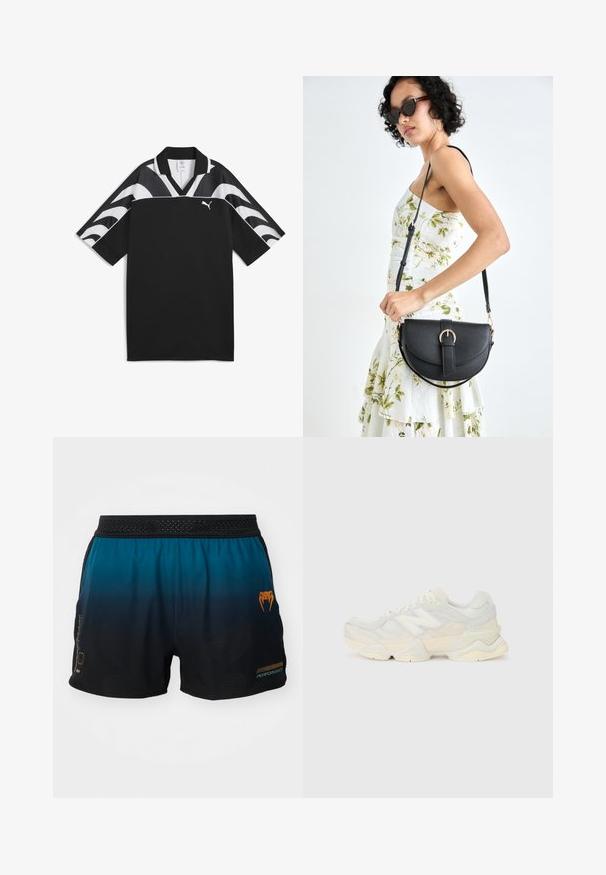 Camisola desportiva preta com um design em V, mangas curtas e padrões de onda brancos na parte superior. Apresenta um pequeno logótipo branco na parte da frente.; Calções desportivos para homem em degradê de verde-azulado a preto, com um cós em malha, detalhes em laranja e um padrão texturizado.; Sapatilha leve com um upper em malha e camurça em tons suaves de creme, com uma sola robusta e acentos tridimensionais.; Bolsa de couro preta com forma curva, alça destacável e detalhes em dourado. A bolsa possui uma aba com detalhe de fivela.