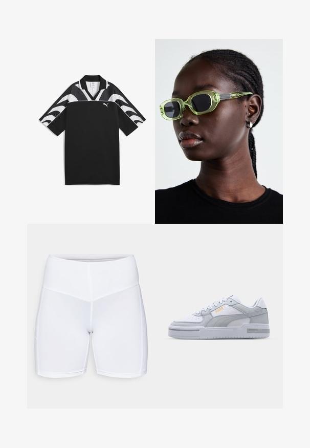 Must muströöpidega must sportlik särk, V-kaelusega, lühikeste varrukatega ja valged lainemustrid ülemises osas. Esiosas väike valge logo.; Valged sportlikud lühikesed püksid, mis on valmistatud elastsetest kangast, millel on kõrge vöökoht ja siledad õmblused. Sile tekstuur, ilma nähtavate taskute või mustriteta.; Hallide ja valged sneakerid sujuva nahast ülemise osa, augustatud varvase, paelakinnituse, tekstuursete aktsentide ja peene kuldse logoga.; Rohelise tooniga prillid hõredate ristkülikukujuliste raamidega ja tumedate läätsega; tekstureeritud hallid käepidemed koos brändimisega. Sile nahk ja must särk.