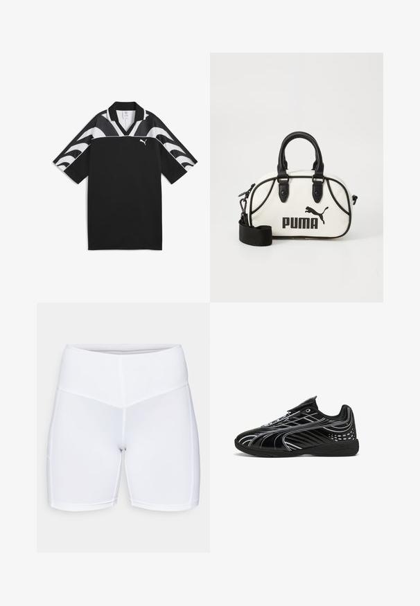 Must muströöpidega must sportlik särk, V-kaelusega, lühikeste varrukatega ja valged lainemustrid ülemises osas. Esiosas väike valge logo.; Valged sportlikud lühikesed püksid, mis on valmistatud elastsetest kangast, millel on kõrge vöökoht ja siledad õmblused. Sile tekstuur, ilma nähtavate taskute või mustriteta.; Mustad mustus treeningjalats, millel on sujuv disain, läikiv viimistlus, valged aktsendid, võrkpaneelid hingavuse tagamiseks ja lävelukuga rihm.; Valge käekott mustade detailidega, millel on Puma logo. Lühikesed, ümmargused sangad ja eemaldatav rihm, valmistatud tekstureeritud sünteetilisest materjalist.