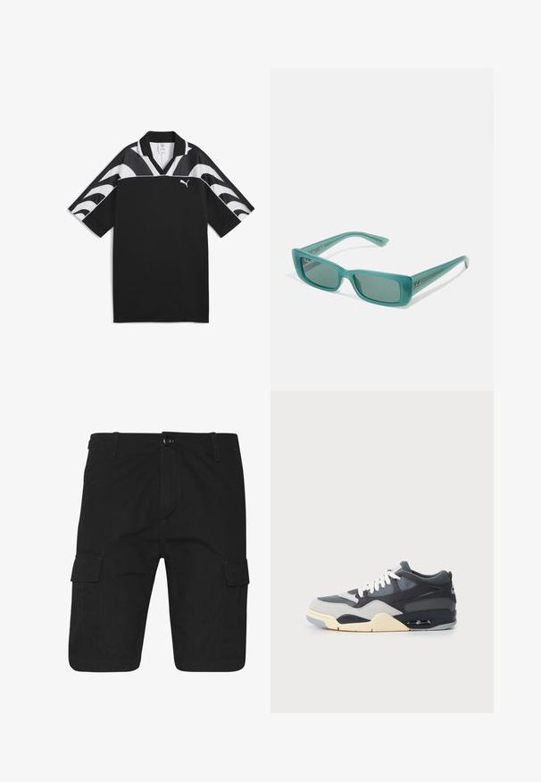 Melns sporta krekls ar V veida kakla izgriezumu, īsām piedurknēm un baltām viļņu līnijām augšējā daļā. Priekšpusē ir neliels balts logo.; Melni kraukļu šorti ar taisnu griezumu, aprīkoti ar divām sānu kabatām, kontrastējošiem šuvēm un pogu aizdari jostasvietā.; Trenažieri ar maisītu materiālu augšdaļu pelēkā un jūras zilā krāsā, mīkstināta zole, baltas auklas un zila akcenta logotips uz papēža.; Tirkīza krāsas saulesbrilles ar taisnstūrveida rāmi, izgatavotas no caurspīdīgas plastmasas, ar tumšiem stikliem un mazu logotipu sānos.