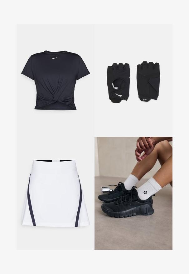 Črna atletska majica iz gladkega materiala, z vozlanim sprednjim delom in majhnim belim logotipom Nike na prsih.; Bela krila s razširjenim dizajnom, ki imajo mornarsko modre stranske črte. Narejena je iz bombaža, ima strukturirano površino in zadrgo na hrbtni strani.; Črne športne čevlje z teksturirano tkanino, vezanim dizajnom in izrazitim podplatom, v kombinaciji z belimi rebrastimi nogavicami z majhnim logotipom.; Črne brezprstne rokavice iz raztegljivega materiala, z obliko odprtega dlani, s poudarki za oprijem in logotipom Nike v beli barvi.