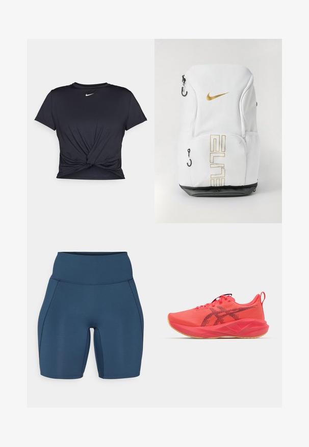 T-shirt de sport noir en tissu lisse, avec un design avant noué et un petit logo Nike blanc sur la poitrine.; Shorts de sport bleu foncé avec une taille haute, texture lisse et coutures plates. Présente un design ajusté qui s'étend jusqu'au milieu de la cuisse.; Chaussure de sport rose vif avec tige synthétique, semelle en caoutchouc, col rembourré, texture en maille et accents de logo noir sur le côté.; Sac à dos Nike en blanc avec un logo doré et le texte "ELITE", fermetures éclair, poches latérales en mesh et une base inférieure noire. Texture lisse.