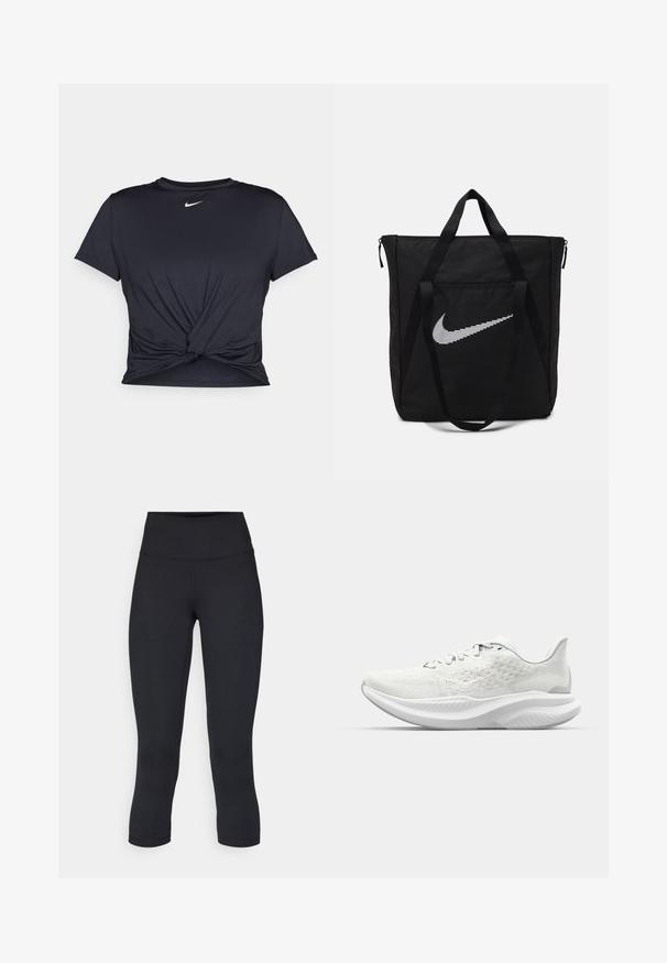 T-shirt de sport noir en tissu lisse, avec un design avant noué et un petit logo Nike blanc sur la poitrine.; Leggings noirs coupés en tissu extensible, avec une taille haute et une texture lisse, sans motifs ni éléments visibles.; Baskets de sport blanches avec une tige texturée, un design à lacets et une semelle rembourrée au profil ondulé. Marquage subtil sur le côté.; Sac en nylon noir avec deux poignées robustes et fermeture éclair. Présente un logo Swoosh blanc Nike en design rayé horizontal.