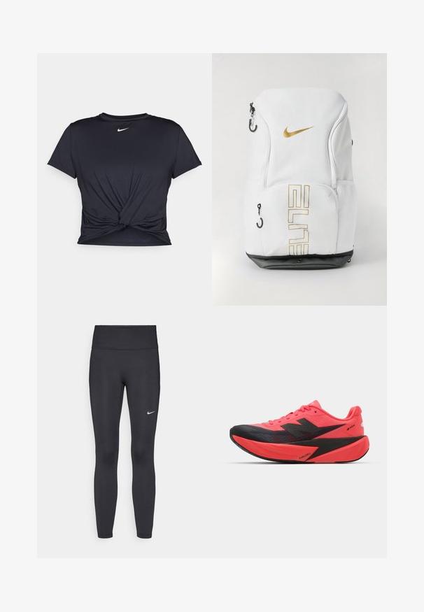 Czarna sportowa koszulka z gładkiego materiału, z wiązanym przodem i małym białym logo Nike na piersi.; Czarne legginsy z elastycznego materiału, z wysokim pasem i białym logo Nike na lewym udzie. Gładka tekstura, dopasowany krój.; Buty biegowe z jasnoróżową cholewką i czarnymi akcentami. Oferują teksturowany design, lekką podeszwę oraz logotyp FUELCELL na boku.; Plecak Nike w białym kolorze z złotym logo i napisem "ELITE", z zamknięciem na zamek, siateczkowymi kieszeniami bocznymi oraz czarną podstawą. Gładka tekstura.