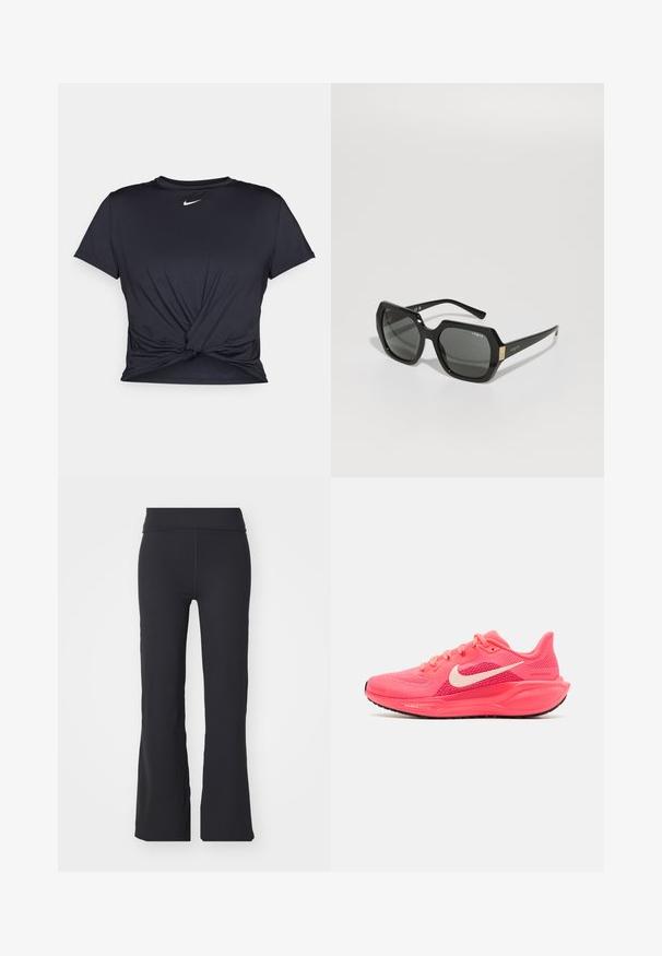 Mustmust musta sportlik T-särk, mis on valmistatud sujuvast kangast, millel on sõlmega esikülg ja väike valge Nike logo rinnal.; Mustad laia säärega mustad püksid, mis on valmistatud venivast kangast ja neil on kõrge vöökoht. Omavad puhtaid jooni ja siledat tekstuuri, sobivad igapäevaseks kandmiseks.; Nike Performance AIR ZOOM PEGASUS 41 - Maanteejooksu jalatsid - pink; Mustad mustaga geomeetrilise kujuga prillid, tumedate läätsede ja paksude raamidega, mille tempel on rõhutatud kullatooni aktsendiga ning millel on brändinimi "Vogue."; Must musta kott musta nailonist, millel on kaks tugevat käepidet ja luku sulgemine. Omab silmatorkavat valget Nike'i logot, mis on kujundatud horisontaalsete triipudega.