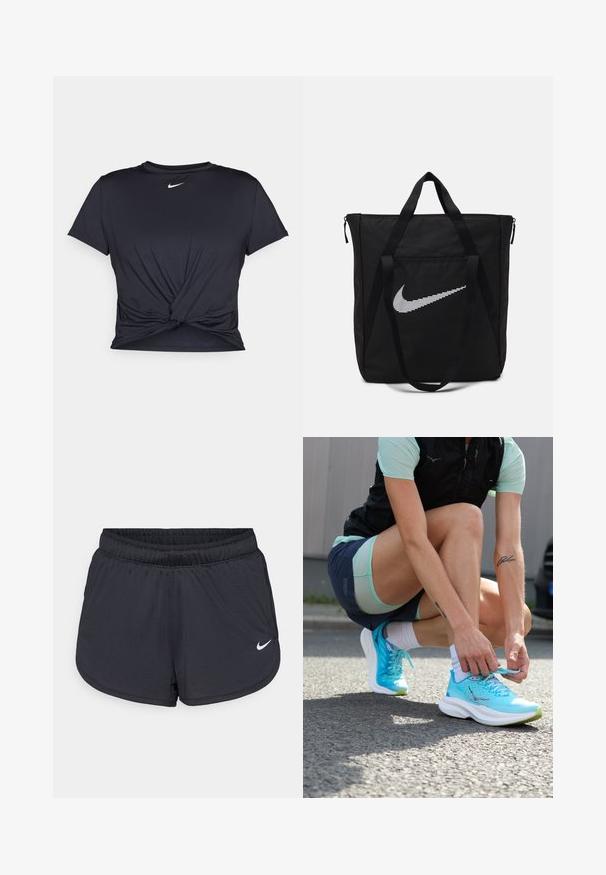 T-shirt de sport noir en tissu lisse, avec un design avant noué et un petit logo Nike blanc sur la poitrine.; Shorts de sport noirs avec une taille élastique, présentant un design sportif et un logo Nike blanc sur le bas à l'avant. Tissu texturé.; Des chaussures de course légères turquoise avec une tige en maille texturée, des semelles blanches et des accents verts, en cours de lacement par une personne sur un pavé.; Sac en nylon noir avec deux poignées robustes et fermeture éclair. Présente un logo Swoosh blanc Nike en design rayé horizontal.