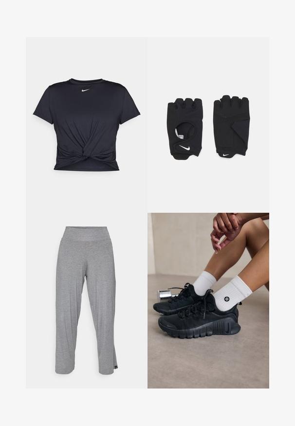 T-shirt atlético preto feito de tecido liso, apresentando um design frontal com nó e um pequeno logótipo branco da Nike no peito.; Yogasearcher RAVANA FLOWY PANTS - Calças de fato de treino - grey; Sapatilhas atléticas pretas com tecido texturizado, design com atacadores e uma sola proeminente, emparelhadas com meias brancas com nervuras e um pequeno logótipo.; Luvas pretas sem dedos feitas de material elástico, com um design de palma aberta, detalhes antiderrapantes e o logo da Nike em branco.