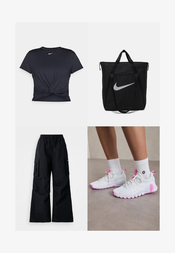Svart trenings T-skjorte laget av glatt stoff, med en knyttet frontdesign og en liten hvit Nike-logo på brystet.; Sorte cargo bukser med vide ben, elastisk talje, justerbar snor og to sidelommer. Lavet af glat, letvægtsstof.; Hvite treningssko med rosa detaljer, strømlinjeformet design, teksturert mesh-overdel og fleksibel gummisåle. Utstyrt med logo og oppdragsløkke.; Svart nylon toteveske med to robuste håndtak og glidelås. Har en fremtredende hvit Nike swoosh-logo i et horisontalt stripete design.