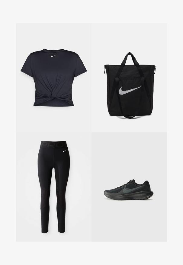 Črna atletska majica iz gladkega materiala, z vozlanim sprednjim delom in majhnim belim logotipom Nike na prsih.; Črne športne legice z širokim pasom, ki vsebuje besedilo "PRO", gladko teksturo in rebraste detajle ob straneh za dodaten poudarek.; Črne tekaške čevlje Nike z teksturirano mrežasto zgornjico, gladkim gumijastim podplatom in zaobljenim oblikovanjem pete. Opremljeni so z značilnim logotipom swoosh.; Črn najlonov torba s skrbnimi ročaji in zadrgo. Ima izrazit bel Nike swoosh logotip v horizontalnem črtastem dizajnu.