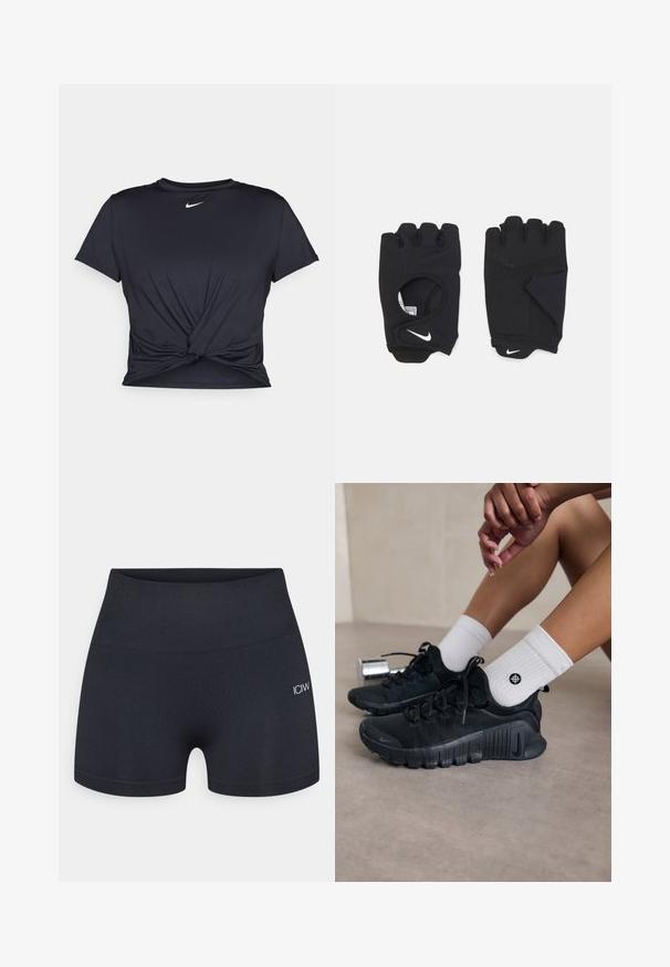 Musta urheilu T-paita, joka on valmistettu sileästä kankaasta, jossa on solmittu etuosa ja pieni valkoinen Nike-logo rinnassa.; Mustat tiukat shortsit, jotka on valmistettu joustavasta materiaalista. Niissä on leveä vyötärönauha ja huomaamaton logotuki sivussa. Pintakuvio on sileä.; Mustat urheilukengät, joissa on teksturoitu kangas, nauhakiinnitys ja näyttävä pohja, yhdistettyinä valkoisiin ribbikuvioisiin sokkeihin, joissa on pieni logo.; Mustat sormettomat hanskat, jotka on valmistettu venyvästä materiaalista. Niissä on avoin kämmenen muotoilu, pito-ominaisuudet ja valkoinen Nike-logo.
