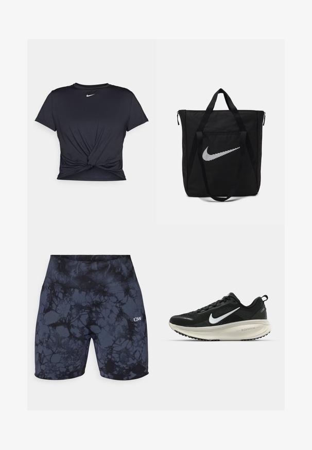Maglietta atletica nera realizzata in tessuto liscio, con un design anteriore annodato e un piccolo logo Nike bianco sul petto.; Pantaloni corti sportivi a vita alta in nero e grigio scuro con un motivo marmorizzato. Realizzati in tessuto elastico e liscio, con un piccolo logo.; Scarpa da corsa nera Nike con tomaia in rete traspirante, logo Swoosh bianco, dettagli testurizzati e intersuola ZoomX di colore crema.; Borsa tote nera in nylon con due manici robusti e chiusura con zip. Presenta un grande logo Nike a forma di swoosh in un design a righe orizzontali.
