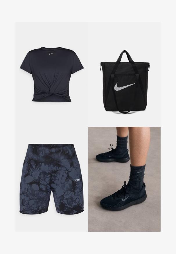 Musta urheilu T-paita, joka on valmistettu sileästä kankaasta, jossa on solmittu etuosa ja pieni valkoinen Nike-logo rinnassa.; Korkeavyötäröiset urheilu_shortsit mustana ja tummanharmaana, joissa on marmoroitu kuosi. Valmistettu joustavasta ja sileästä kankaasta, jossa on pieni logo.; Mustat Nike-lenkkarit, joissa on tekstuuripintainen neulottu yläosa, harmaalla swoosh-logolla, yhdistettynä tummaan ribbikuvioiseen sukkaan. Litteä kumipohja.; Musta nailoninen kassi, jossa on kaksi tukevua kahvaa ja vetoketjukiinnitys. Erityinen valkoinen Nike-swoosh-logo on esillä vaakasuunnassa raidallisessa muotoilussa.