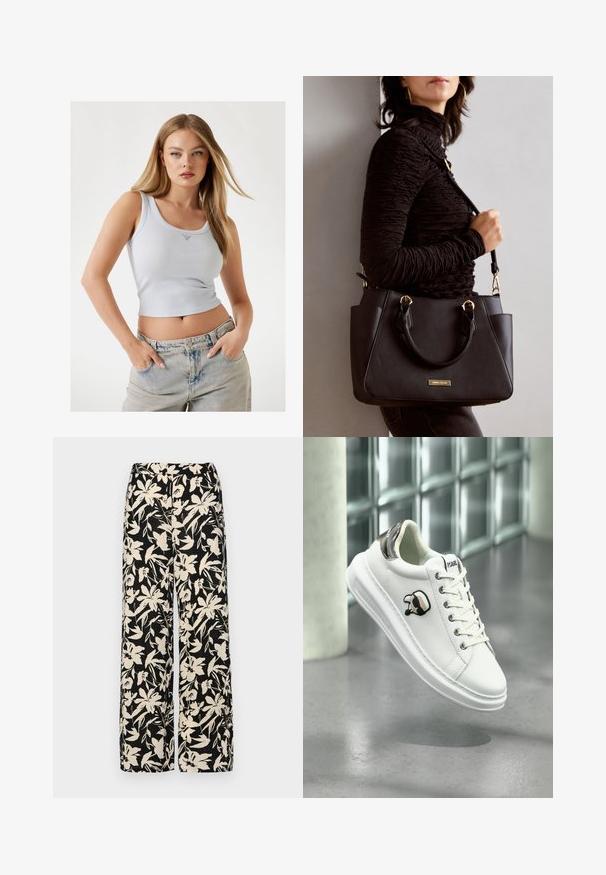 Světle modrý, ribbovaný top na ramínka s kulatým výstřihem a mírným V-výřezem. Spárován s vysokými světle modrými džíny.; Černé kalhoty s širokými nohavicemi a krémovým květinovým vzorem. Vyrobené z lehké tkaniny, s hladkým povrchem a vysokým pasem.; Bílé tenisky Karl Lagerfeld s šněrováním, černou a béžovou logovou nášivkou a metalicky stříbrným patkem, které se vznášejí nad šedou podlahou.; Černá kabelka s texturovaným povrchem, dvojitými horními uchy a nastavitelným ramenním popruhem. Obsahuje zlaté kovové prvky a boční kapsy.