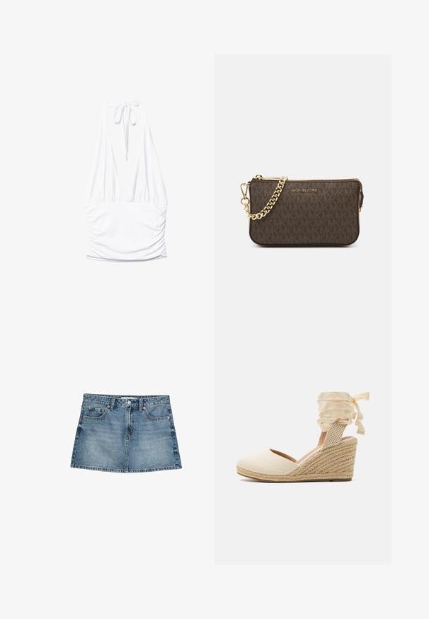 Stradivarius GATHERED HALTER - Top - white; Džínová sukně v světle modré barvě, má pět kapes, zapínání na knoflík a mírně rozšířený lem, s opotřebovanou texturou a bledými detaily.; Beige espadrilky na klínku s plátěným svrškem, otevřenou špičkou a měkkými stužkami. Texturovaný juteový klínek s pleteným vzorem.; Hnědá kožená crossbody taška s logem, zlatým řetízkem, zipovým uzávěrem a zlatými akcenty. Kompaktní a obdélníkový tvar.