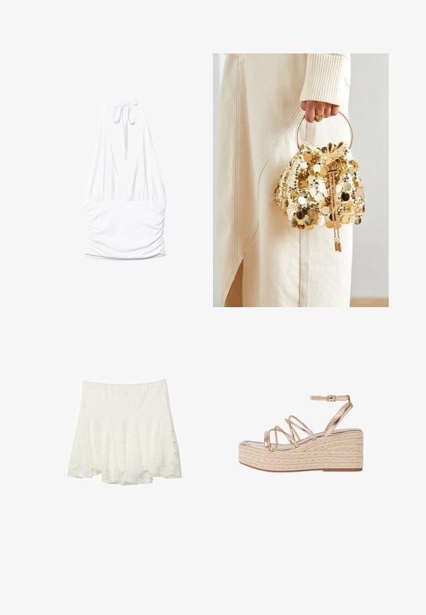 Stradivarius GATHERED HALTER - Débardeur - white; Stradivarius FITTING - Jupe trapèze - white; Sandales compensées métalliques dorées avec une plateforme en jute tressé, dotées de plusieurs fines lanières et d'une boucle à la cheville pour un bon maintien.; Sac à main en sequins dorés avec cordon de serrage et poignée circulaire, présentant des sequins ronds brillants et un tissu texturé. Les dimensions ne sont pas fournies.