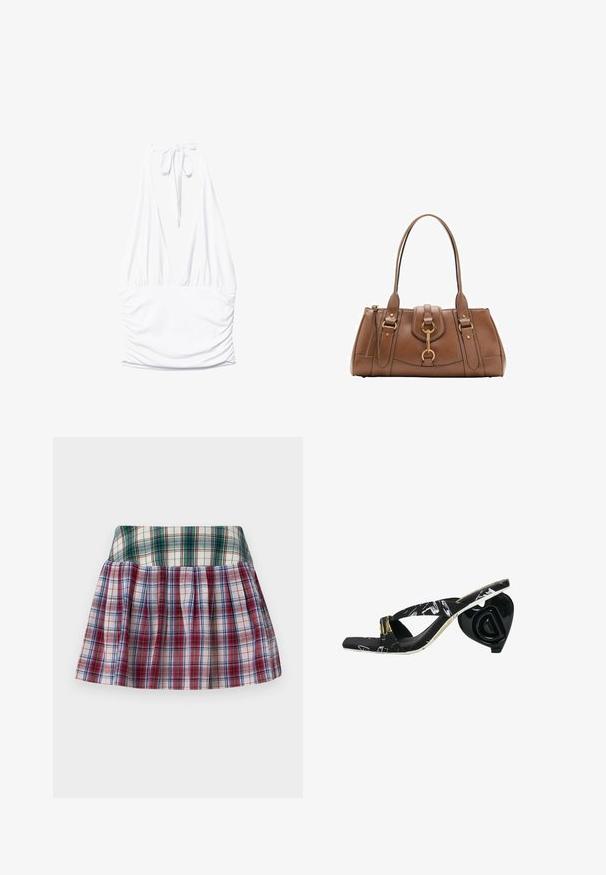 Stradivarius GATHERED HALTER - Toppi - white; Sinead Gorey STRIPED PLEATED MINI SKIRT - Minihame - green/red; Musta flip-flop, jossa on ristikkäiset hihnat, kuvioitu yläosa ja veistoksellinen musta sydämenmuotoinen korko, jossa on logotyyppitys.; Ruskea nahkainen käsilaukku, jossa on kaksoiskahvat, kultaiset metalliosat ja rakenteellinen muotoilu. Sisältää keskiin käännettävän läpän, jossa on lenkkiyksityiskohta.