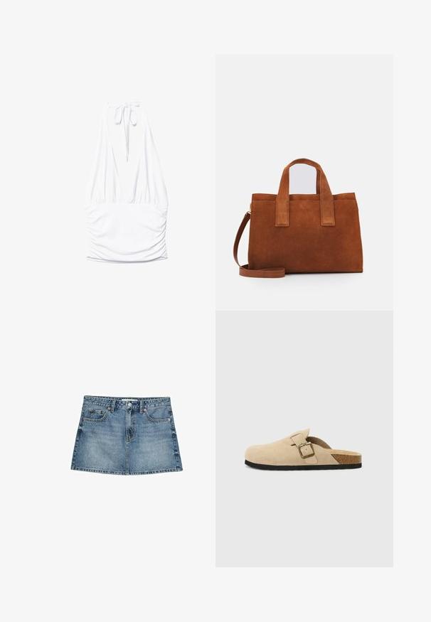 Stradivarius GATHERED HALTER - Top - white; Džínová sukňa vo svetlom odtieni modrej, s piatimi vreckami, zapínaním na gombík a mierne rozšíreným lemom, so vzhľadom opotrebenia a detailmi vyblednutia.; Bežové semišové clogs na klinoch so korkovou stielkou, zaoblenou špičkou a jednoduchým remienkom so zlatým sponou. Gumová podrážka pre lepšiu priľnavosť.; Hnedá semišová kabelka s dvoma vrchnými uchami a nastaviteľným ramenným popruhom. Disponuje štruktúrovaným tvarom a minimalistickým dizajnom.