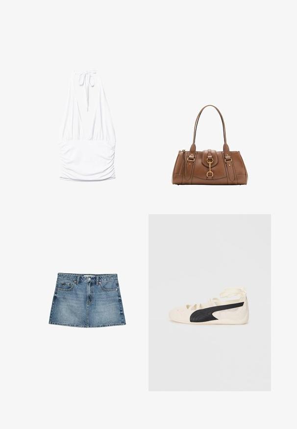 Stradivarius GATHERED HALTER - Toppi - white; Farkkuhame vaaleansinisessä värissä, jossa on viisi taskua, napitus ja lievästi levenevä helma, sekä kulunut tekstuuri ja haalistuneet yksityiskohdat.; Kermainen ja musta tasapohjainen lenkkari, jossa on nauhakiinnitys, pinkki logo varpaassa, pehmeä materiaali ja teksturoitu pohja.; Ruskea nahkainen käsilaukku, jossa on kaksoiskahvat, kultaiset metalliosat ja rakenteellinen muotoilu. Sisältää keskiin käännettävän läpän, jossa on lenkkiyksityiskohta.