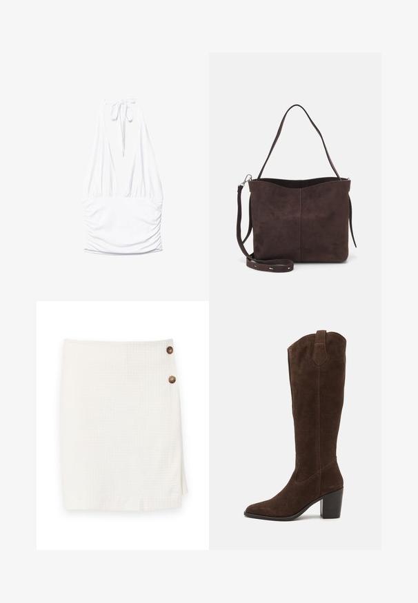 Stradivarius GATHERED HALTER - Linne - white; Vit kjol med en strukturerad tygkvalitet, som har en insydd design och två runda knappar på sidan för fastsättning.; Anna Field LEATHER - Högklackad stövel - brown; Brun mockakläd väska med en mjuk textur, med en ensam axelrem och en subtilt rundad öppning upptill. Inga synliga detaljer i metall.