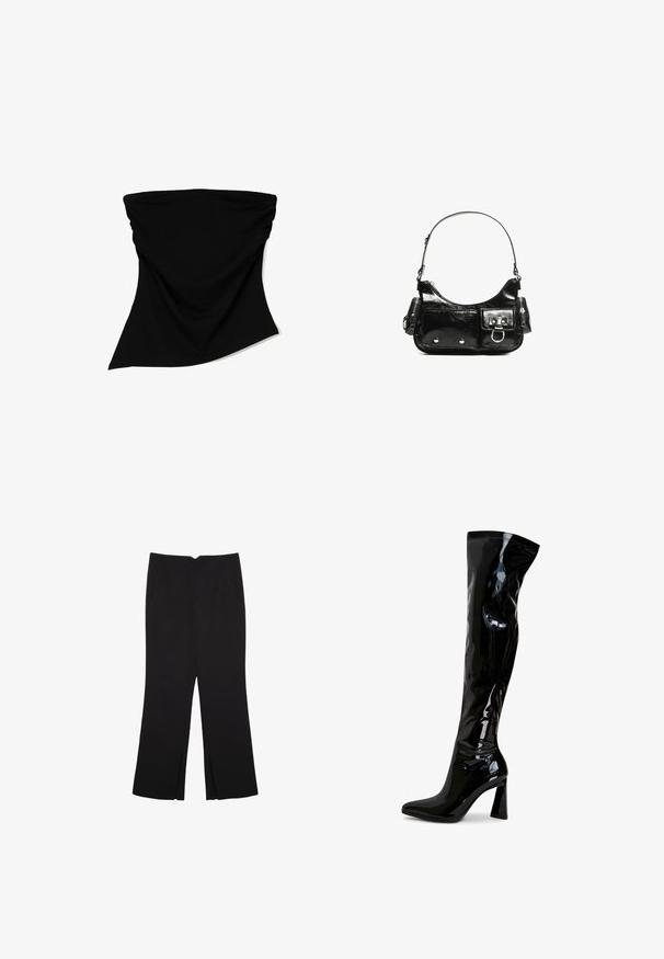 Schwarzer Stoff-Halswärmer mit glatter Textur, fließendem Design und asymmetrischem Schnitt. Geeignet für verschiedene Anwendungen und einfach zu tragen.; Schwarze Hose mit geradem Schnitt, ausgestattet mit Fronttaschen und Seitenschlitzen am Saum. Hergestellt aus weichem, glattem Stoff. Geeignet für verschiedene Anlässe.; Schwarze überknie-Stiefel aus glänzendem Lackleder, mit einem eleganten Design, spitzem Zehenbereich und Blockabsatz.; Schwarze Lackleder-Handtasche mit geschwungenem Design, einem Schulterriemen, Vordertaschen und silberfarbenen Hardware-Akzenten.